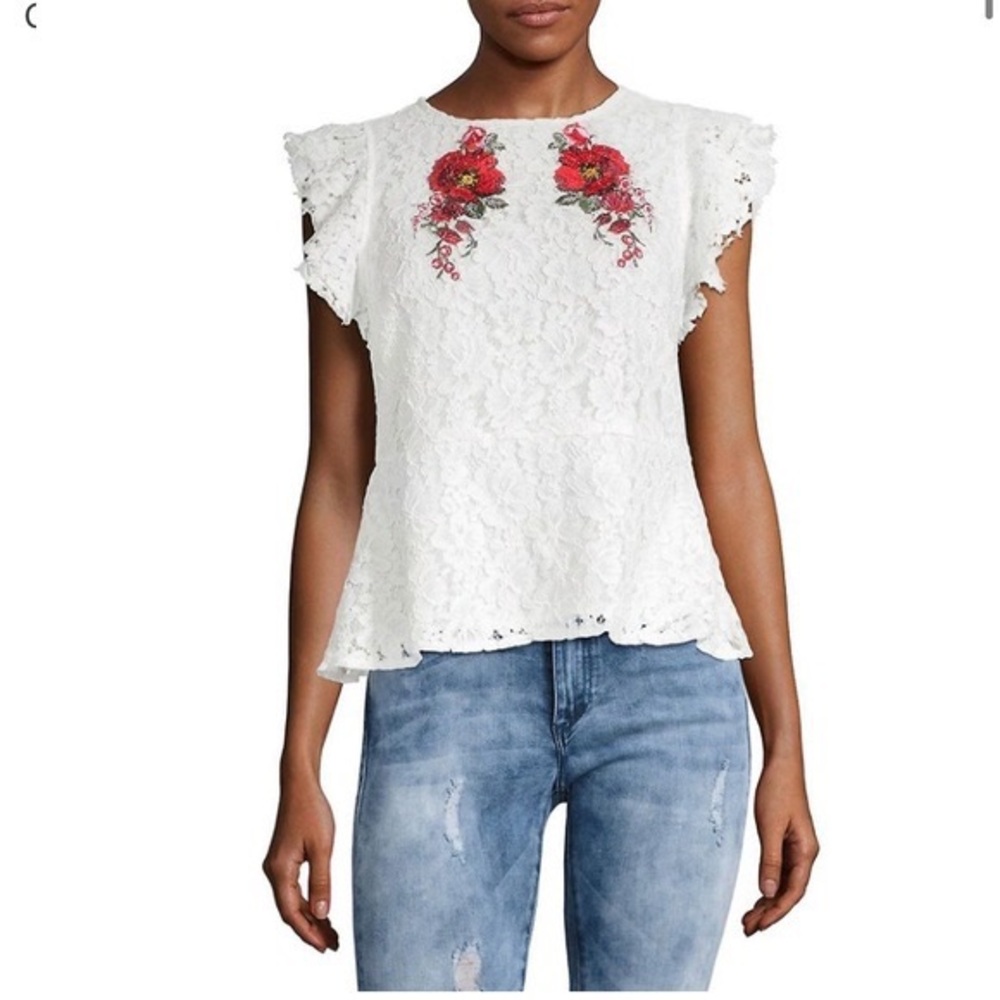 Lea & Viola White Lace Peplum Blouse With Embroidered Flowers